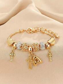 1pc 26 Letter, Heart, Cross, Flower Beaded Bracelet, Fashionable Youth Keychain, Cross Pendant Bracelet - Multicolor - View 2