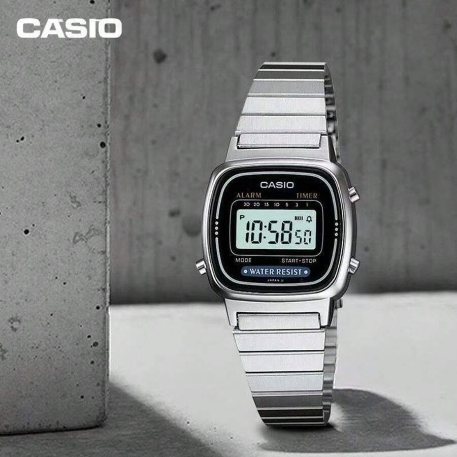 Đồng hồ kỹ thuật số cổ điển Casio LA670WD-1, dây đeo thép không gỉ, chống nước, báo thức, bấm giờ, đồng hồ đeo tay nữ.