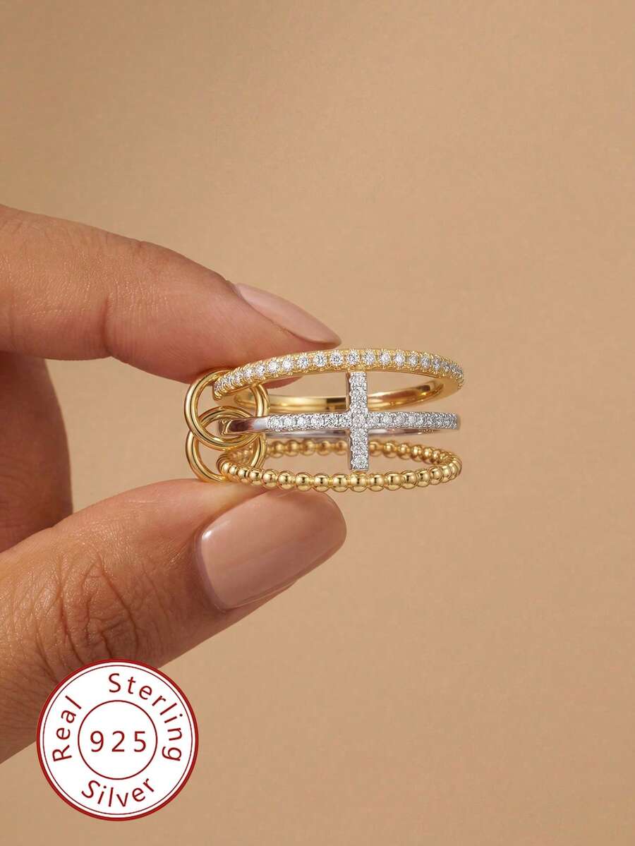 1枚925纯银镶嵌钻石交叠树枝戒指，独特叠戴设计，适合女性佩戴，精致珠宝，适合派对、日常佩戴、约会、情人节礼物 - 環環相扣戒指 - 查看 1