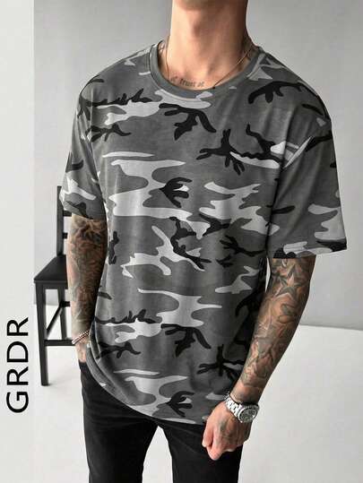 GRDR 1pc Men's Summer Casual Minimalist Camouflage Round Neck Short Sleeve T-Shirt, Comfortable & Fashionable
