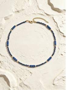 女士简约蓝色天然石手工串珠项链 - 藍色 - 查看 4