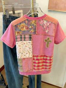 粉色牛仔布，女士夏季沙滩装，女士休闲圆领短袖衬衫 - 玫紅色 - 查看 3