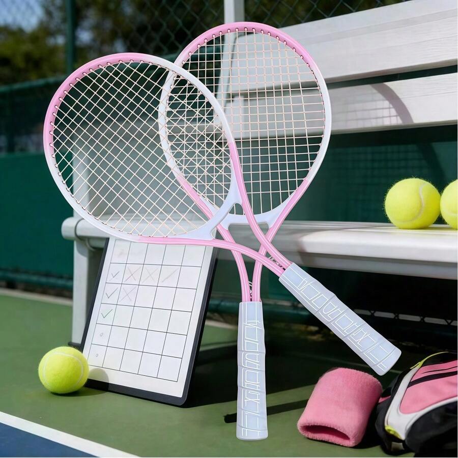 Bộ 2 vợt tennis đa năng cho trẻ em, chất liệu sắt, xanh dương/đỏ/hồng, tặng kèm 1 bộ tennis, thích hợp cho người mới bắt đầu, luyện tập và rèn luyện thể thao ngoài trời - Quà tặng ngày lễ - Hồng - Xem 1