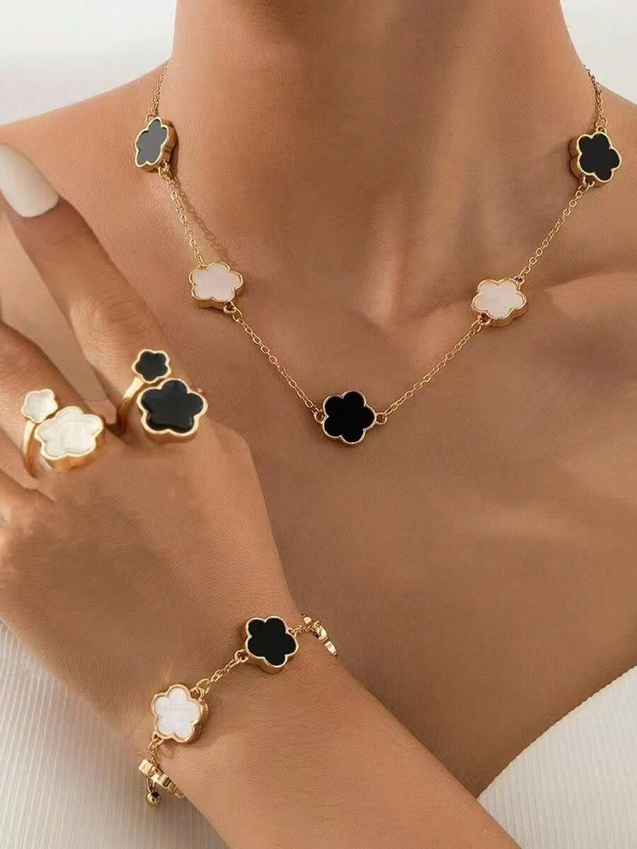 1 Set/4pcs Luxury Fashion Exaggerated Creative Metal Five-Leaf Clover Inlaid Pearl Half Chain Necklace + 1pc Five-Leaf Clover Chain Bracelet + 2pcs Asymmetric Geometric Five-Leaf Clover Rings, Fashionable Versatile Jewelry Set For Women - Multicolor - View 1