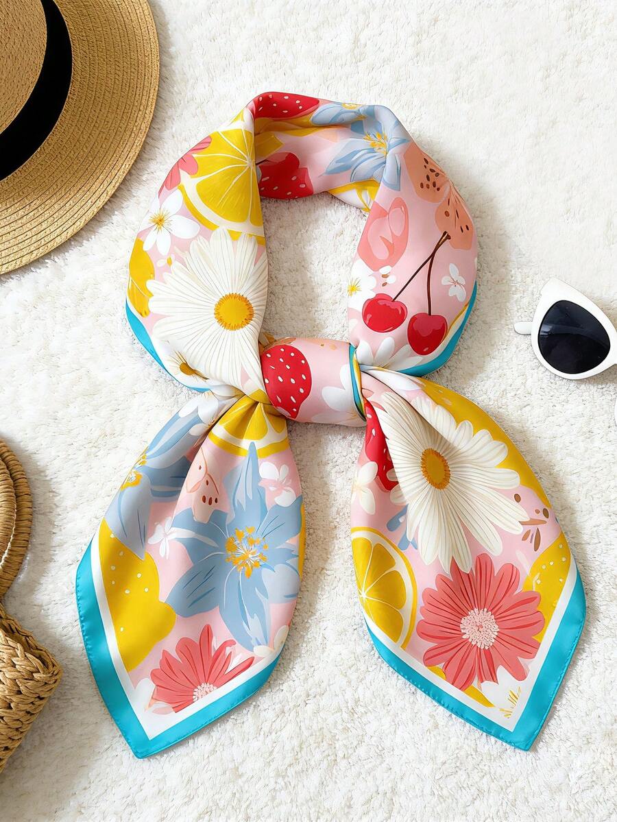 1 pieza Nuevo pañuelo de seda de 70 cm para mujer, estampado floral de limón, accesorio versátil, adecuado para uso diario en todas las estaciones