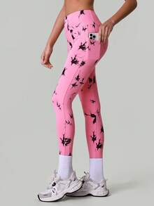 Women Wide Waistband Fashion Tie-Dye Print Fitness Yoga Leggings High-Waisted Tummy Control Running Sports Pants Athletic Training Active Tights - Hot Pink - View 9