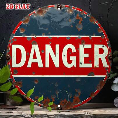 2D Flat Round Metal Sign, 1pc, 2D Flat Design, Warning Danger. This Metal Plate Features A Striking Rustic Style, Suitable For Industrial Safety. Size: 19.81cm X 19.81cm, Can Be Used As Home, Garage, Restaurant Wall Decor. Pre-Drilled Holes As Shown In Size Chart.