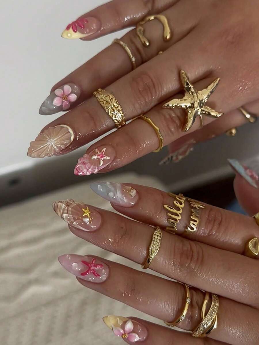10 miếng dán móng tay acrylic đính đá 3D hình hoa và sao lượn sóng, bóng bẩy, phủ kín toàn bộ móng, phù hợp cho nữ và bé gái sử dụng hàng ngày, hình dáng hạnh nhân, thích hợp cho mùa xuân/hè.