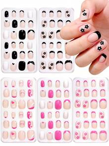 120pcs Kids Press On Nails For Girls, 5 Styles Press On Nails For Kids, 5Sheets Pink Black Heart Flower Cute Design Press On Nails Acrylic Fake Nails For Kids, Short Oval Acrylic Nails Set, The Perfect Valentine's Day And Christmas Gifts For Children - Multicolor - View 8