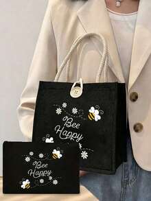 女士多功能手提包，印有可爱的蜜蜂和爱心图案，节日风格字母设计购物袋，适合婚礼、生日、海滩和各种节日场合，亚麻手提包，教师节礼物袋，便携轻巧可折叠收纳袋，简约百搭，护士、医生、教师节礼物收纳袋，母亲节礼物，个人旅行化妆包，购物袋，最佳教师节礼物 - 彩色 - 查看 16