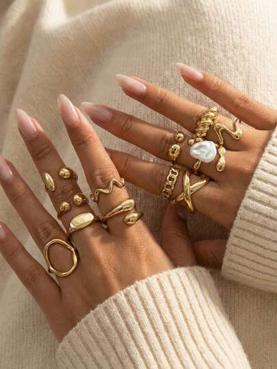 Set de 12 anillos con corazón líquido y perla asimétricos de moda, adecuados para el uso diario de las mujeres, regalo