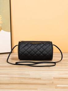 时尚休闲菱形刺绣圆柱形斜挎包 - 黑色 - 查看 1