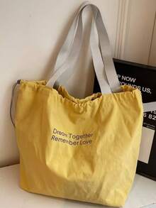 2026 New Drawstring Large Capacity One Shoulder Canvas Bag, Japanese Letter Nylon Handbag Tote Bag For Commuting - Yellow - View 4