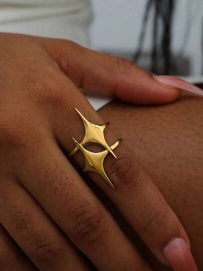 1pc 18K Gold Plated Stainless Steel Minimalist Elegant Geometric Star Adjustable Open Ring, Suitable For Women's Daily, Festival, Outing Wear, Personalized Gift