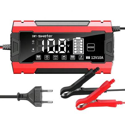 10 แอมป์ 12V เครื่องชาร์จแบตเตอรี่อัจฉริยะสำหรับรถยนต์ - เครื่องชาร์จแบตเตอรี่แบบหยด, และเครื่องชาร์จแบตเตอรี่รถยนต์พร้อมการชดเชยอุณหภูมิสำหรับรถยนต์ รถบรรทุก รถจักรยานยนต์ เครื่องตัดหญ้า (สีแดง)