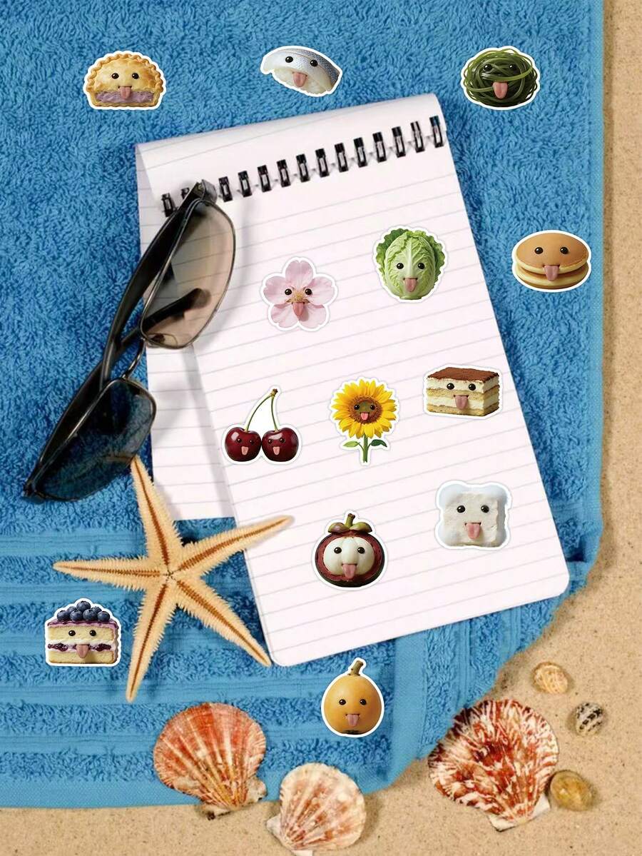 56pcs Cute Personalized Food Stickers, Shy Fruit & Dessert Stickers With Big Eyes And Tongues, Waterproof For Laptop, Notebook, Planner, Stationery, Etc. - Funny Food - View 1