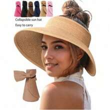 女士宽檐草帽，可折叠便携夏季沙滩遮阳帽，UPF防晒，带马尾辫孔，波西米亚蝴蝶结设计 - 彩色 - 查看 4