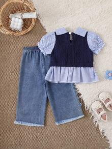 Girls Korean Style Striped Patchwork 2 In 1 Top And Wide Leg Jeans With 3D Floral Decor, 2pcs Set - Royal Blue - View 2