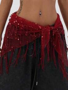 1pc Women's Street Dance Waist Chain & Scarf, Jazz/Belly Dance Performance Waistband, Sequin Tassel Waist Wrap Skirt Belt, Waist Decor Summer School Fall, Autumn, Halloween - 藍湖 - 查看 10