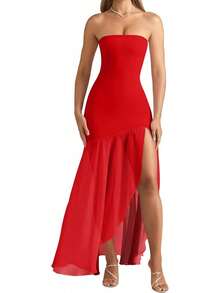 Women's Strapless Maxi Dresses Bodycon Mesh Fishtail With Slit Wedding Guest Cocktail Party Evening Dress - Red - View 1