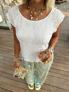 Women's White Knitted Lace Short-Sleeve Sheer Top Elegant Summer Casual Wear,Summer Outfits,Vacation Outfits. - White - View 3