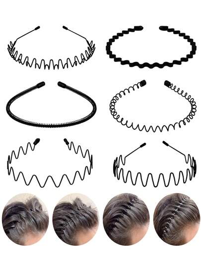 6 piezas Bandas de pelo de metal, Bandas de pelo en espiral de onda única negras unisex, Bandas de pelo deportivas sin deslizamiento suaves, Adecuadas para mujeres y hombres