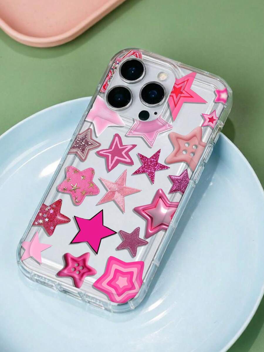 Pink Star Pattern Printed Phone Case, Y2K Aesthetic Transparent Protective Cover, Shiny Star Soft TPU Protective Case, Cute Girl Phone Case Compatible With IPhone 13/11/17/17pro/16/14/15/15pro/15 Plus/15 Promax/7plus/8plus/X/Xs Max/Xr/11pro/12pro/13pro/14pro/12mini/13mini/11promax/12promax/13promax/14promax/14plus/17pro Max/17Air/6/6s Plus/7/8/16Pro/16plus/16promax/Se2/17promax&Compatible With Samsung Galaxy/A54/A14/A12/A13/A15/A32/A33/A24/A52S/S20/S21/S22/S23/S24/S23Plus/S24ultra/S25/A15/A33/A23 - Multicolor - View 1