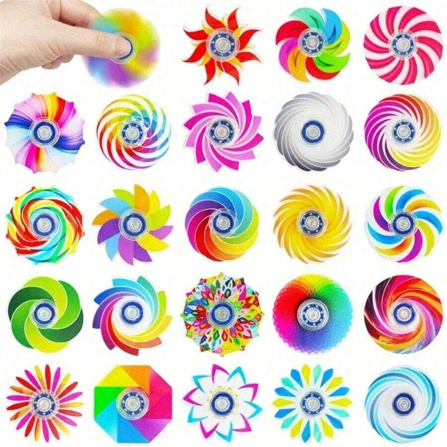 12pcs Finger Spinner Set - Mixed Colors & Patterns, Durable Plastic Stress Relief Toys, Suitable For Birthday Party Favors, Piñata Fillers, Classroom Rewards, Holiday Giveaways (Randomly Mixed), Vibrant Designs - 12Pcs Random - View 1