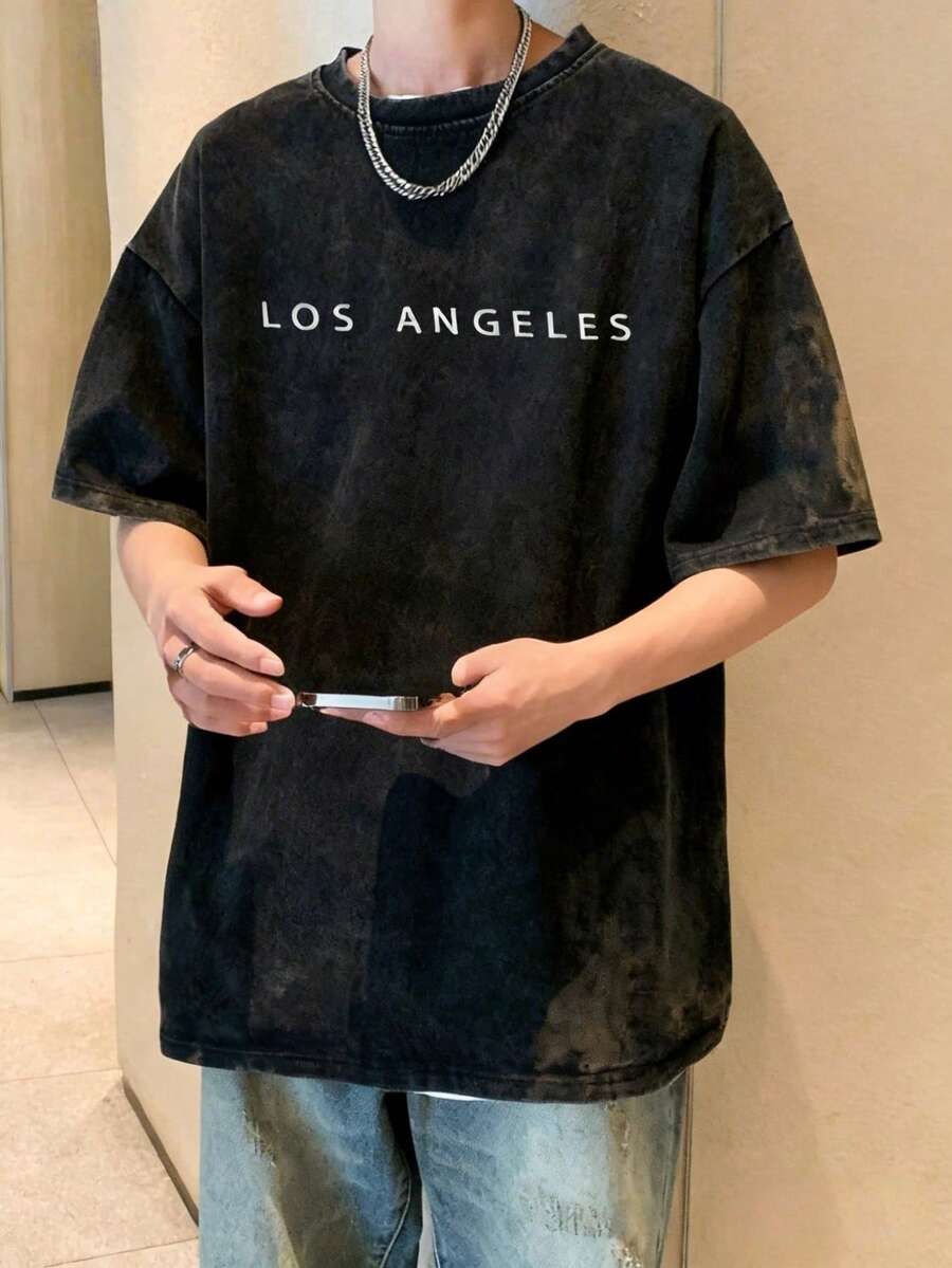 Vintage Washed 100% Cotton Men's Short-Sleeved T-Shirt For Spring And Summer. A Fun And Stylish Top For Women. Y2K Men's Clothing. Black And White Jersey, Crew Neck, Loose Fit. High-Quality, 2026 Model. A Great Holiday Gift For Exercise And Fitness. - Black - View 1