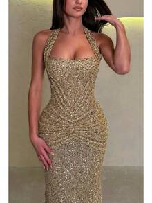 2026 Spring/Summer New Design Metallic Beaded Neckline Fashion Dress For Women - Ideal For Vacation Parties And Casual Events - Women's Gift - 金色 - 查看 3