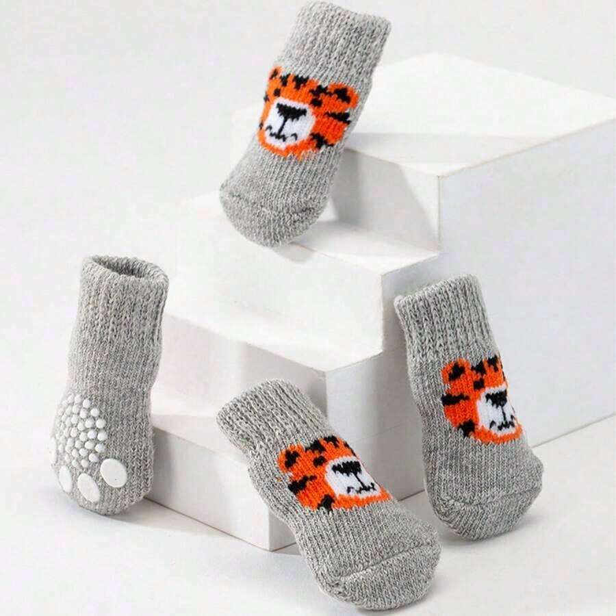 4pcs Anti-Slip Anti-Scratch Pet Socks Cats And Dogs, Paw And Leg Warmer, Pet Shoes Chihuahua, Pomeranian, Corgi - Xám - Xem 1