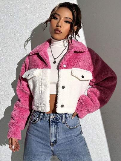 Chaquetas  Corta De Mujer De Pana De Hombros Caídos De Dos Tonos,Ropa De Otoño E Invierno