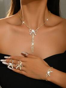 3pcs Silver Jewelry Set, Bow Crystal Necklace, Earrings And Bracelet, Fashionable Design, Party Dress Accessory, Graduation Gift - Gold - View 2