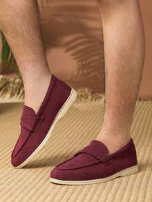 2026春夏新款男士圆头乐福鞋，百搭男士一脚蹬鞋，商务正装工作鞋，英伦风乐福鞋，平底休闲透气软底手工大码男鞋43-46码 - 酒紅色 - 查看 3