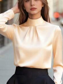 Blusa de satén negro elegante para mujer, con cuello alto, manga larga plisada, textura de satén estilizante, adecuada para la oficina o eventos formales y casuales, con botones de unicolor, perfecta para primavera, verano, otoño e invierno - Albaricoque - Ver 5