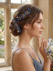 2件套优雅藏蓝色水晶叶形发夹，新娘婚礼派对U型发饰，奢华仿水晶发卡 - 藍色 - 查看 4