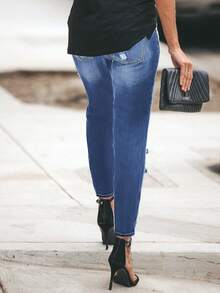 Plus-Size Women's High-Waisted Jeans, Dark Blue Retro Skull Print Design, Street Style Plus-Size Women's High-Waisted Jeans, Suitable For Everyday Wear. - 藍色 - 查看 4
