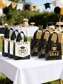 12pcs Graduation Non-Woven Tote Bags, Black & Gold Color, Reusable, Printed With Gold "Congratulations Graduate" Text, Handles, Graduation Party Decor, Gift Bags, Graduation Party Supplies, Small Gifts, Seasonal Decor, Gift Packaging Bags - Graduation Season Gift Bags - View 5