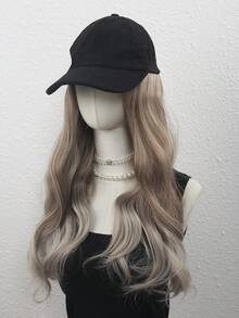 ( Velvet Cap + Long Curly Hair) Women's Baseball Cap Wig, Long Curly Hair, Body Wave Synthetic Wig, Adjustable Hat Wig, 24 Inches - Linen Brown - View 3