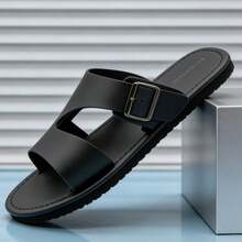 Men's Black Faux Leather Slide Sandals With Adjustable Strap, Comfortable Round Toe Design, Suitable For Casual And Outdoor Wear, Fashionable Slide Shoes, Adjustable Strap Sandals - Black - View 2