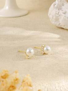1 Paio di orecchini alla moda minimalisti placcati in oro 14K con perle, orecchini eleganti con zirconia cubica, adatti per gioielli da matrimonio, regalo per novelli sposi, uso quotidiano e occasioni di matrimonio, ipoallergenici e di lunga durata - Dorato - Visualizzare 8