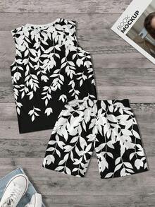 Men's Leaf Print Round Neck Sleeveless Tank Top And Shorts Set - Multicolor - View 6