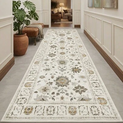 1pc Vintage Bohemian- Floral & Striped Area Rug/Carpet/Bath Mat/Door Mat/Runner, Soft Washable Rug For Bathroom, Kitchen, Entryway, Hallway, Bedroom, Living Room, Home Decor
