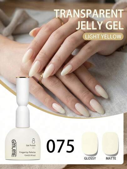 GMUME 15ml Gel Nail Polish 075 Transparent Jelly Gel Light Yellow Sheer Milky Color Same Color Same Bottle What You See Is What You Get Visual Match UV LED Cured Soak Off Gel Varnish Professional Nail Art Salon Home DIY Manicure Pedicure Long Lasting High Gloss Matte Finish Translucent Ice Muscle Natural Elegant Spring Summer Clean Girl Aesthetic Everyday Wear French Base