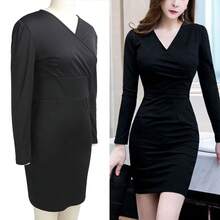 Mujeres manga larga Midi Envoltura Vestido Moda Slim Fit Mujeres V cuello Vestidos de trabajo para negocios Festa de cóctel formal - Negro - Ver 7
