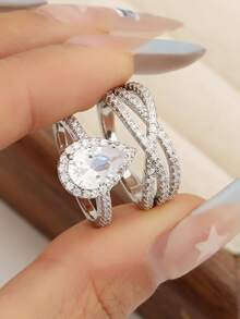 2件套立方氧化锆水滴形多层戒指套装，个性化戒指，适合女性日常佩戴 - 銀色 - 查看 2