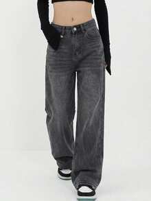New York Letter Print Jeans Women's Baggy Boyfriend Jeans Wide Leg High Rise Dark Wash Vintage Jeans Y2K Street Denim Pants - 黑灰色 - 查看 3