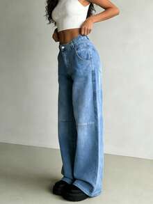 NVFelix Quần jeans nữ ống đứng thời trang, màu xanh denim bạc màu, có cúc và khóa kéo, dáng dài, không co giãn, kiểu dáng thường ngày. - Rửa trung bình - Xem 3