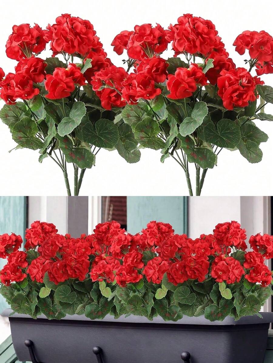 1pc/3pcs Artificial Geranium Flowers For Outdoors Fake Geranium Silk Flowers Outdoor UV Resistant Garden Plants Bush Faux Flowers For Home Wedding Table Centerpieces Decor - Red - View 1