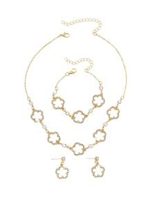 Bộ 4 món thời trang, sang trọng, cao cấp, mặt dây chuyền hình cỏ bốn lá đính đá rỗng, gồm dây chuyền, vòng tay và bông tai, phù hợp cho các bạn gái tuổi teen đeo hàng ngày và trong các dịp lễ hội. - Vàng - Xem 5